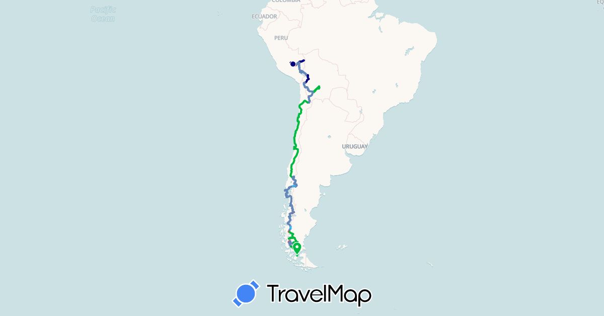 TravelMap itinerary: driving, bus, cycling, hiking, boat in Argentina, Bolivia, Chile, Peru (South America)
